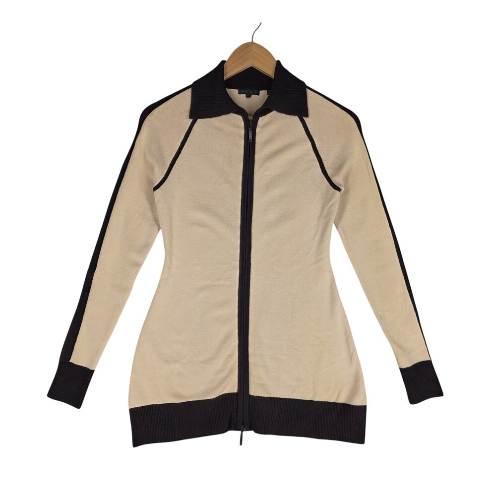 YUKA WOMEN’S VINTAGE STYLE ZIP-UP CARDIGAN SWEATER – BEIGE & BROWN – SIZE S (T)